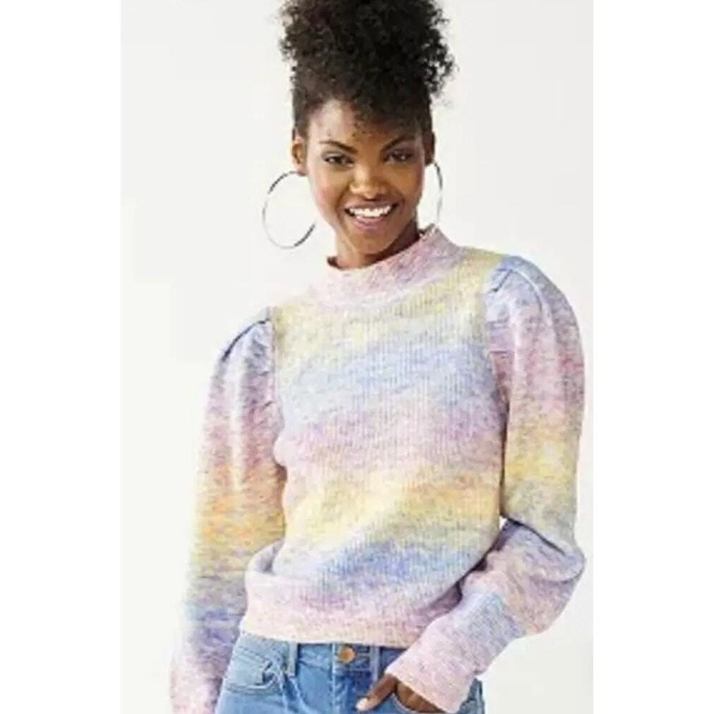 SO Women's Pastel Mock Neck Puffy Sleeve Sweater